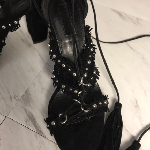 Forever21 Black Tie Up Fringe Heels - Picture 2 of 6